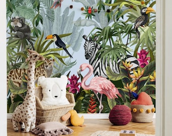 Wild Animals In Tropical Jungle Rainforest  Flowers Floral Wallpaper Self Adhesive Peel and Stick Wall Mural Wall Decoration Removable