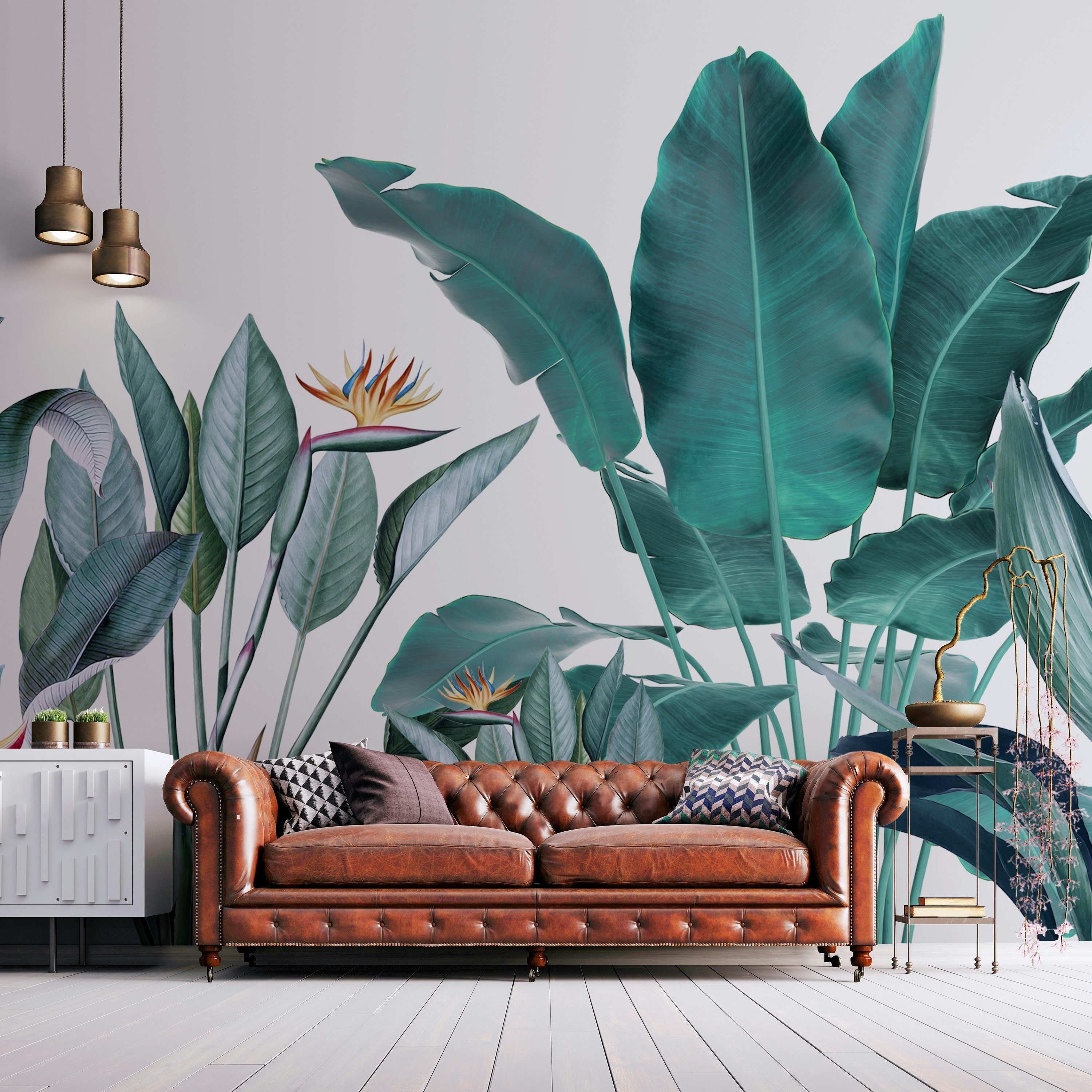Tropical Green Leaves Wallpaper Mural, Peel and Stick Removable Wall ...