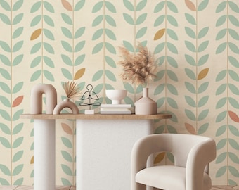 Leaves Simple Vertical Pattern Background in Retro Scandinavian Style Wallpaper Self Adhesive Peel and Stick Home House Wall Decoration