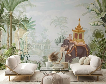 Papel pintado indio autoadhesivo / Mural de pared de elefante / Revestimiento de pared de plantas tropicales / Decoración de pared con fondo de palacio abstracto
