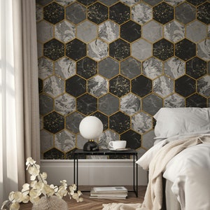 Papier peint texturé hexagonal en marbre avec effet doré aux formes géométriques abstraites Papier peint auto-adhésif