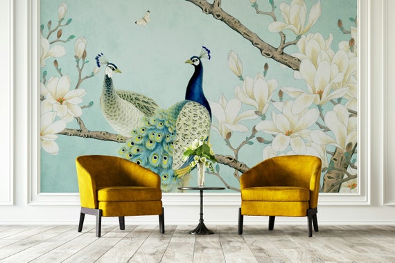 Peacock White Flowers on the Blue Background Animal Wallpaper Self Adhesive Peel and Stick Wall Mural Wall Decoration Removable Etsy