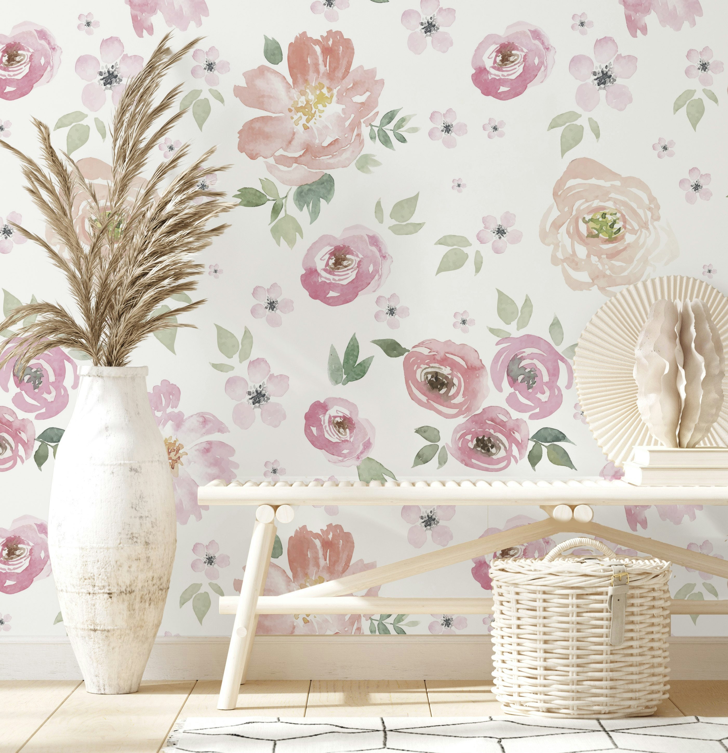 Watercolor Flowers Wallpaper | Pink Floral Peel and Stick Wall Mural ...