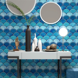 Herringbone Pattern Wallpaper Blue Half Circle Wall Decor Geometric Removable