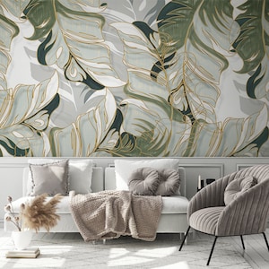 Gray White and Light Green Watercolor Exotic Leaves Wallpaper Self Adhesive Peel and Stick Wall Mural Wall Decoration Removable