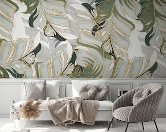 Gray White and Light Green Watercolor Exotic Leaves Wallpaper Self Adhesive Peel and Stick Wall Mural Wall Decoration Removable