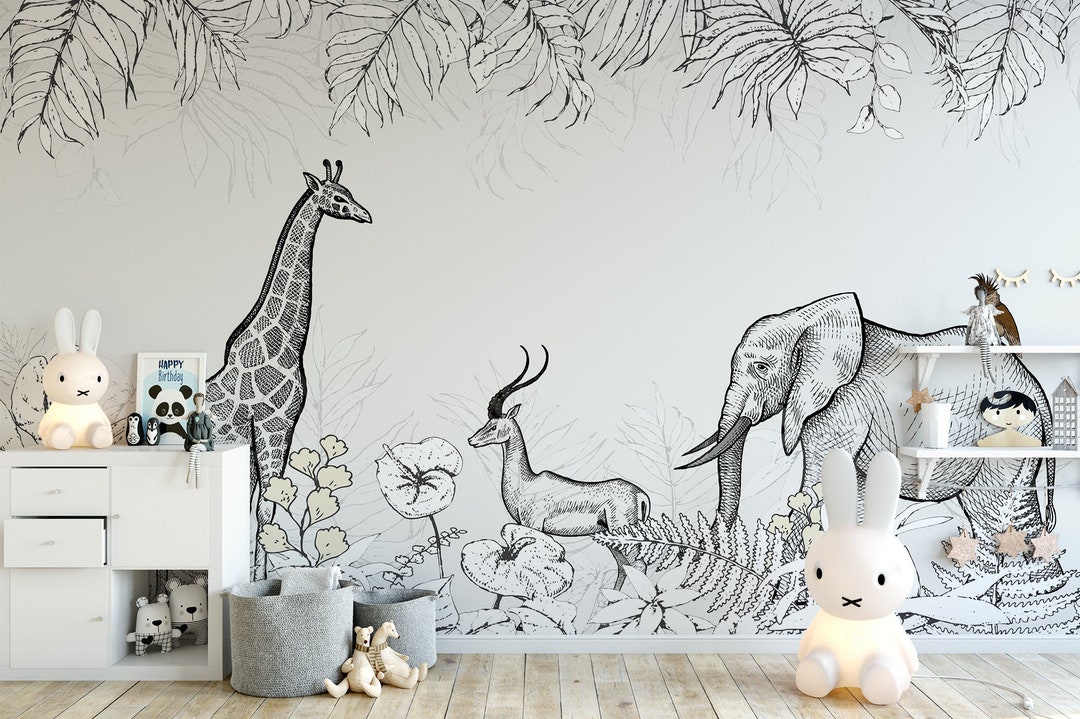 Jungle Animals Wallpaper | Giraffe, Elephant Peel and Stick Mural - Etsy