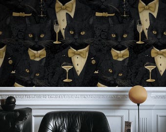 Black Cat Tuxedo Wallpaper Cat Champagne Peel And Stick Art Deco Wall Mural