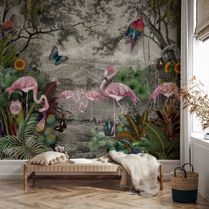Pink Wallpaper Flamingo Colorful Parrots Butterfly Peel and Stick Tropical Jungle Modern Wall Mural Paper
