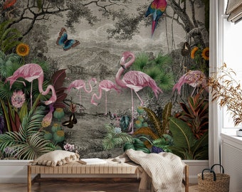 Pink Wallpaper Flamingo Colorful Parrots Butterfly Peel and Stick Tropical Jungle Modern Wall Mural Paper
