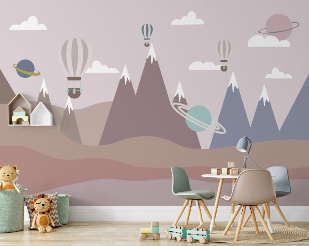 Kids Wallpaper Mountain Peel and Stick Hot Air Ballon Wall Covering ...
