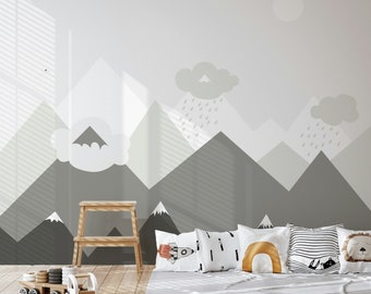 Une rangée de papiers peints triangulaires gris montagnes, papiers peints autoadhésifs autocollants, décoration murale minimaliste scandinave, amovible