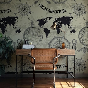Globo Brújula Gran Aventura Vintage Rosa de los Vientos Retro Mapa del Mundo Papel pintado autoadhesivo Peel and Stick Decoración de pared extraíble