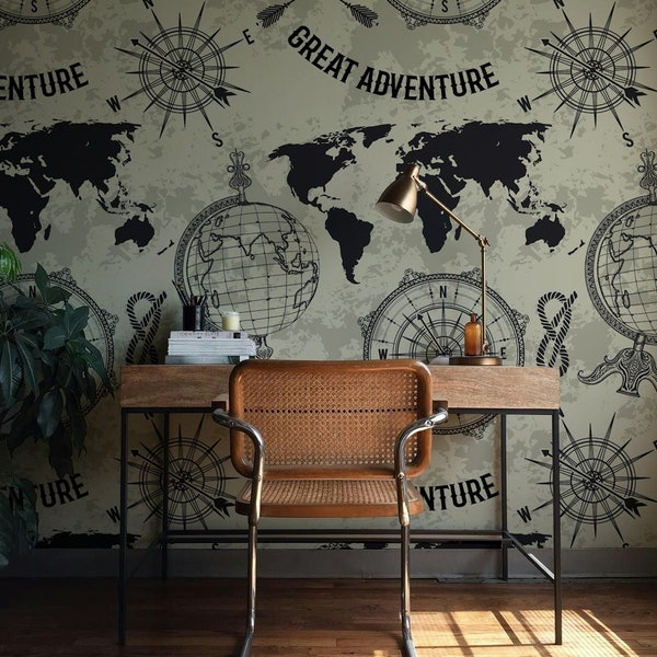 World Map Wallpaper Peel and Stick Compass Map Removable Self Etsy UK