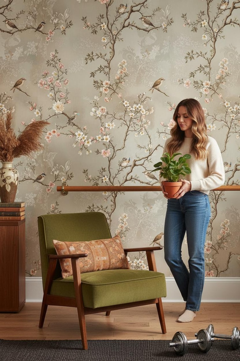 Floral Wallpaper Birds Peel and Stick Vintage Wall Mural - Etsy