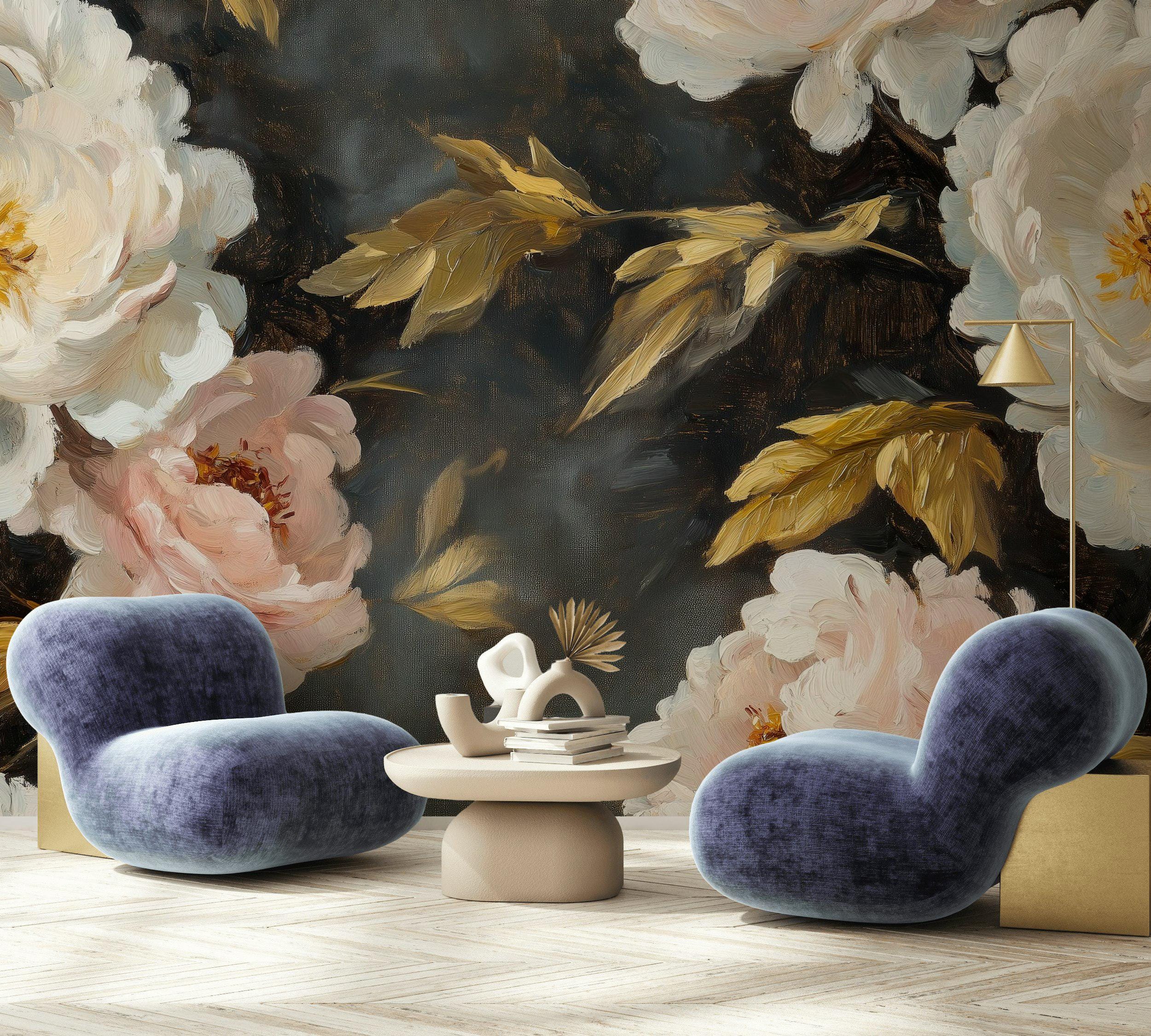 Ivory Peony Wallpaper Gold Look Leaf Peel and Stick Painted Floral Wall ...