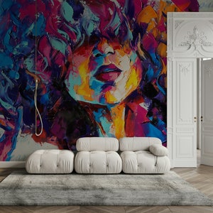 Bella ragazza con capelli ricci, astratto, artistico, colorato, carta da parati autoadesiva, decorazione da parete, decorazione da parete, design rimovibile