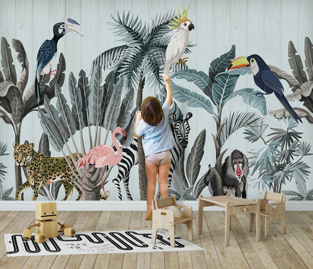 Tropical Jungle Animals Peel and Stick Wallpaper | Removable Wall Mural ...