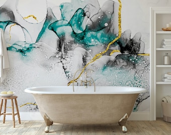Turquoise Blob Design Wallpaper, Peel and Stick Removable Wall Mural