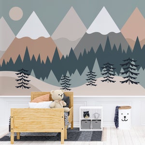 Snowy Row of Mountains Forest Wallpaper Self Adhesive Peel and Stick Wall Murals Wall Decoration Minimalistic Scandinavian Removable