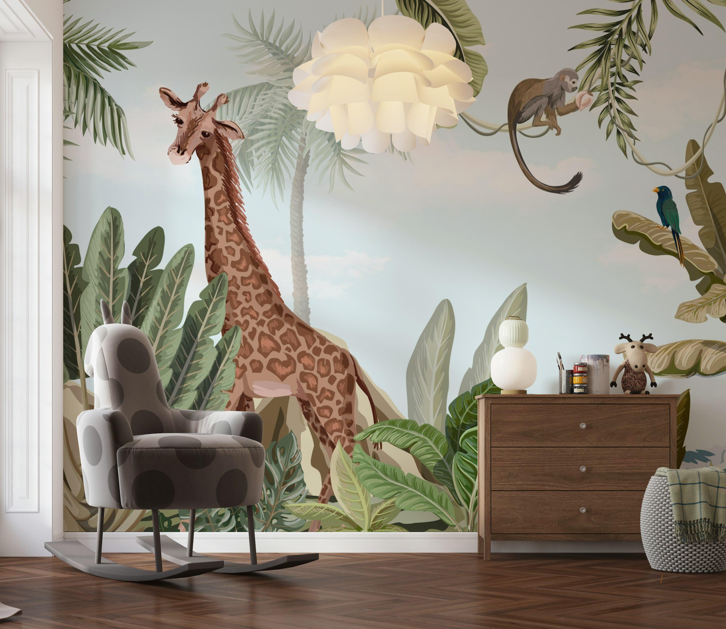 Tropical Jungle Wallpaper Peel and Stick Giraffe Wall Mural Removable ...