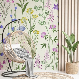 Meadow Flowers with Blue Butterfly Floral Elegant Wallpaper Self Adhesive Peel and Stick Wall Mural Wall Decoration Removable