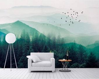 Misty Forest Trees Birds Leaves Floral Natural Nature Wallpaper Self Adhesive Peel and Stick Wall Mural Wall Decoration Removable