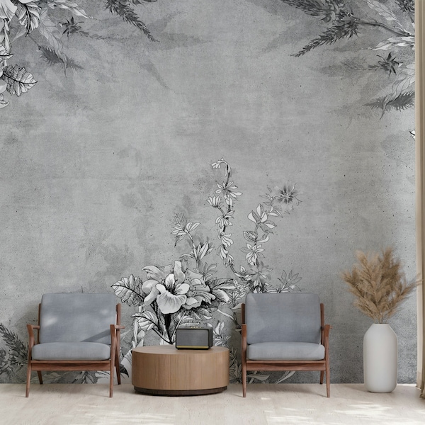 Botanica grigio bianco foglie piante fiori design moderno carta da parati floreale autoadesiva staccare e incollare decorazione murale da parete