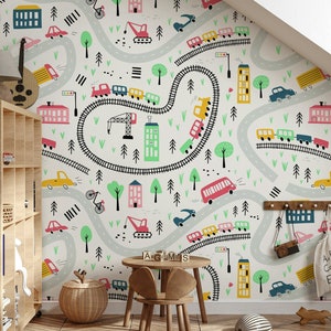 Kids City Plan Wallpaper Car Road Wall Decor Nursery Peel and Stick Wall Mural