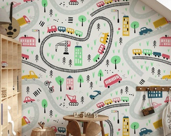 Kids City Plan Wallpaper Car Road Wall Decor Nursery Peel and Stick Wall Mural