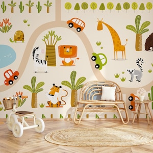 Carta da parati per la scuola materna, per auto, per strada, staccabile e incollata, decorazione da parete per la camera dei bambini della giungla, decorazione da parete per l'asilo