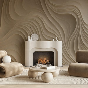 Carta da parati effetto 3D moderna con onde astratte, beige neutro, design parametrico, staccabile e attaccabile.