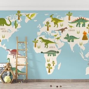 Kids World Map Wallpaper Dinosaur Peel and Stick Wall Mural Kindergarten Wall Decoración