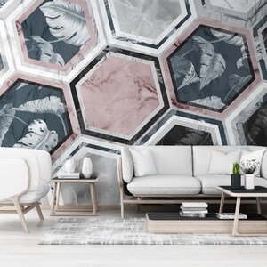Géométrique Abstrait Bleu Blanc Hexagone Formes Papier Peint Auto Adhésif Peel & Stick Sticker Mural Décoration Murale Design Scandinave Amovible