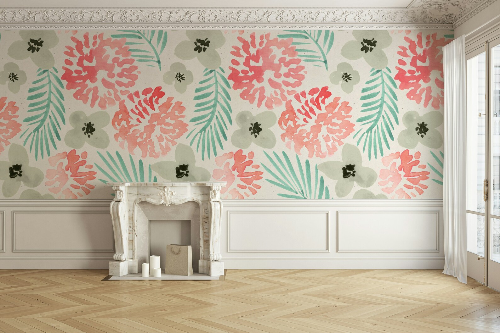 Watercolor Pink Green Gray Modern Design Flowers Floral Wallpaper Self ...
