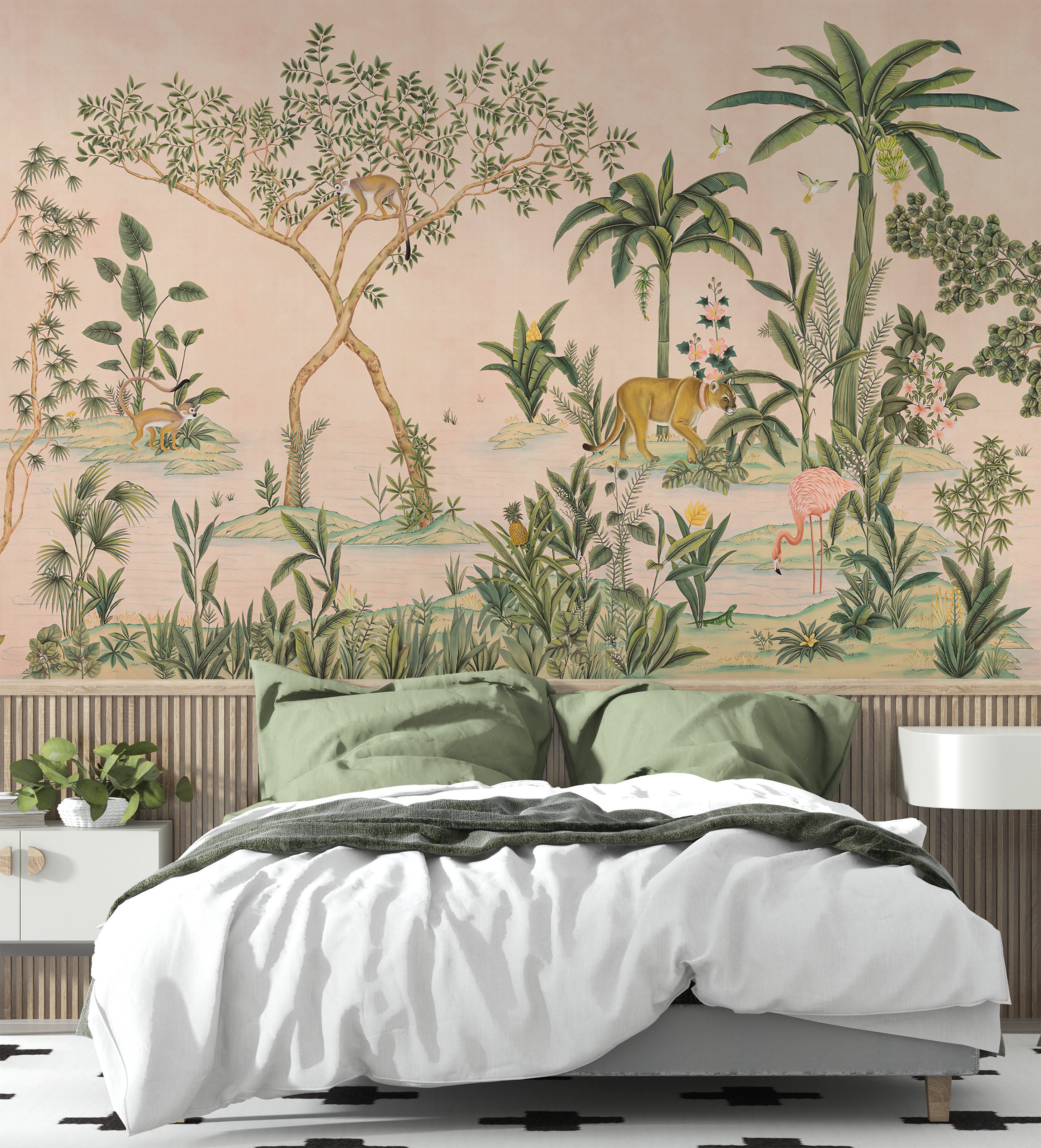 Tropical Jungle Wallpaper Peel and Stick Cute Forest Wall Mural Green ...