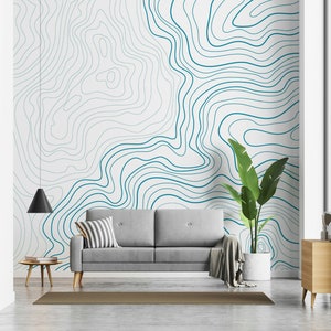 Mapa topográfico abstracto líneas azules altura aislada sobre fondo blanco papel pintado autoadhesivo Peel and Stick decoración de pared extraíble