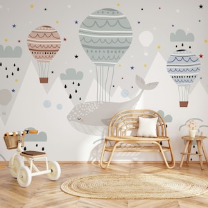 Carta da parati autoadesiva con mongolfiere, balene grigie, nuvole di pioggia, decorazione murale scandinava rimovibile