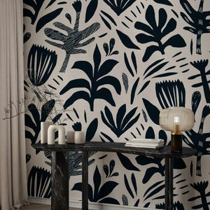 Monochrome Wallpaper Leaf Pattern Peel and Stick Wall Mural Line Art Wall Decor