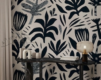 Monochrome Wallpaper Leaf Pattern Peel and Stick Wall Mural Line Art Wall Decor