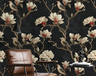 Magnolia Bird Wallpaper Dark Floral Peel And Stick Elegant Nature Wall Mural