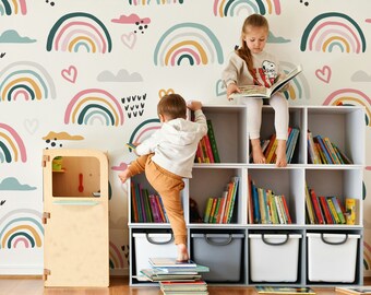 Hand Draw Rainbows Hearts Rain Clouds Wallpaper Self Adhesive Peel & Stick Wall Decoration Minimalistic Scandinavian Removable