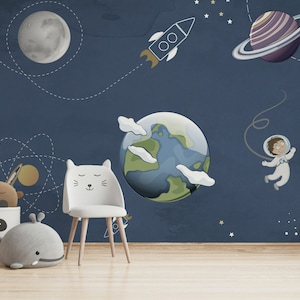 Earth Planets Astronaut Spacecraft Space Wallpaper Self Adhesive Peel and Stick Wall Decoration Minimalistic Scandinavian Removable