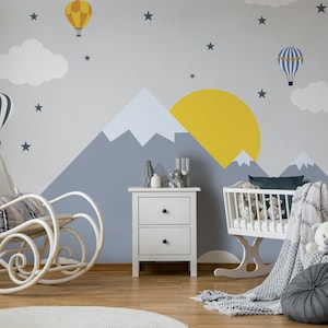 Tramonto mongolfiere montagne innevate nuvole stelle carta da parati autoadesiva staccare e incollare murales decorazione della parete rimovibile