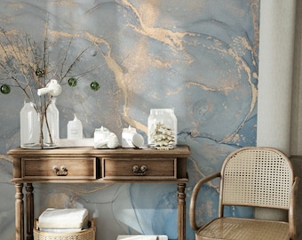 Marble Texture Abstract Blue Golden Look Acrylic Paints Wallpaper Self Adhesive Peel and Stick Wall Mural Wall Decoration Removable