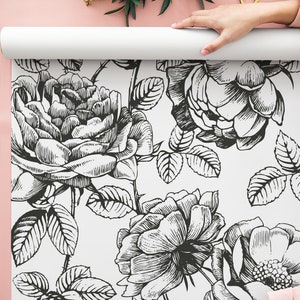 Black and White Floral Wallpaper, Sketch Flower Peel and Stick Wall ...