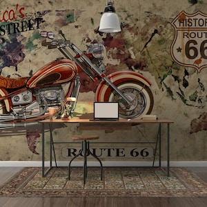 Carta da parati classica Nostalgia Red Chopper Motorcycle Route 66 Carta da parati autoadesiva staccabile e incollabile Decorazione murale rimovibile