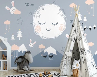 Sleeping Moon Fullmoon Mountains Rabbits Clouds Stars Trees Wallpaper Self Adhesive Peel and Stick Wall Mural Wall Decoration Removable