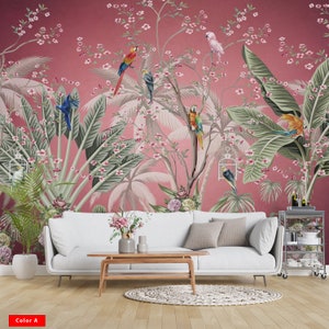 Colorful Parrots and Tropical Plant Leaves Flowers Floral  Wallpaper Self Adhesive Peel and Stick Wall Mural Wall Decoration Removable