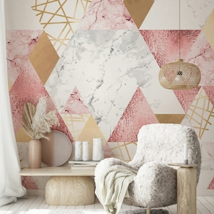 Linee aspetto dorato rosa triangoli di marmo grigio e rosa poligoni geometrici moderni carta da parati astratta autoadesiva stacca e incolla
